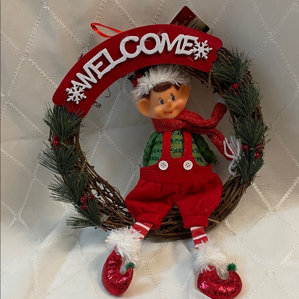 Festive Welcome Wreath with Elf in Red and Green 13”